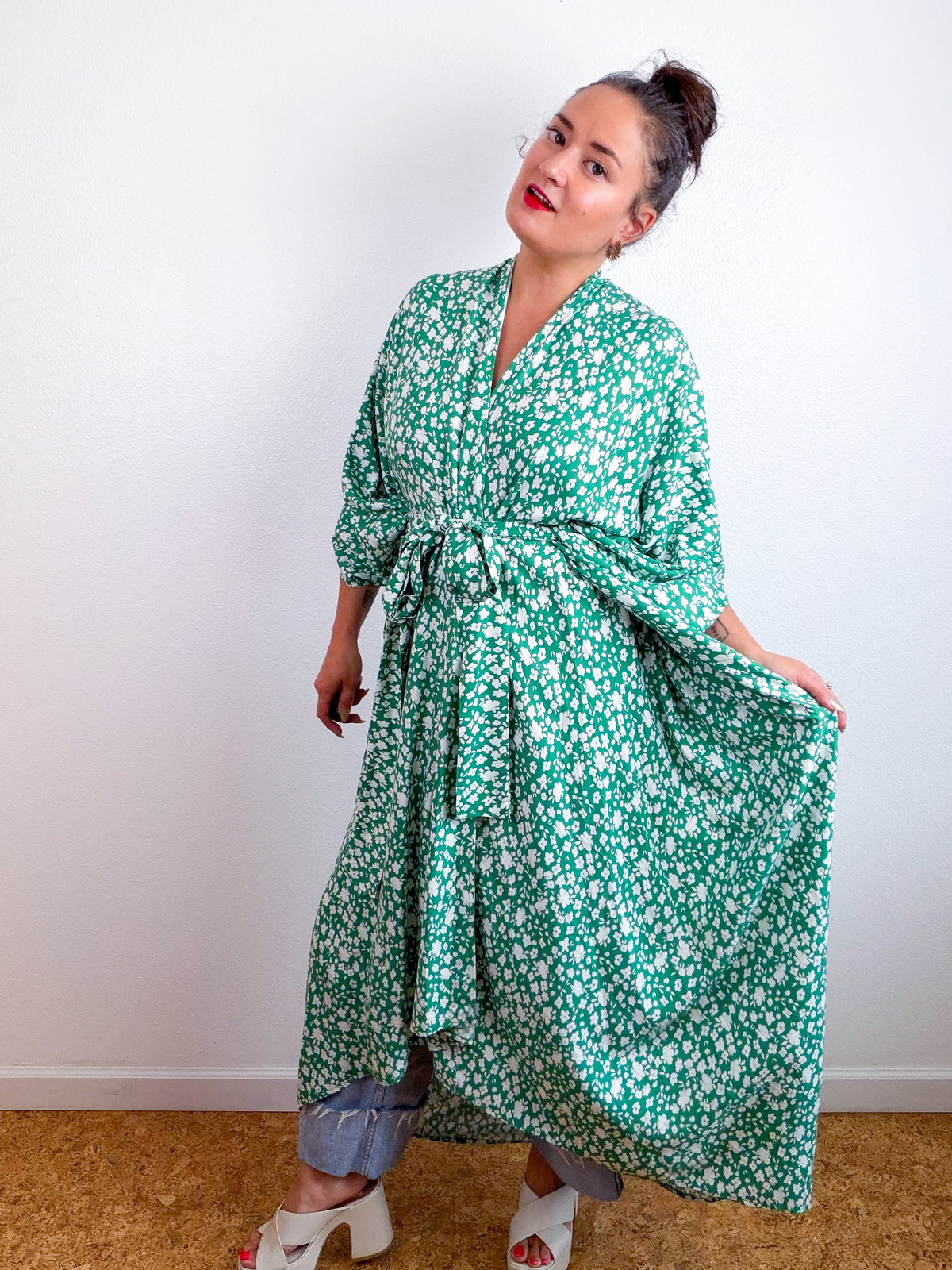 Print High Low Kimono Clover Floral Challis