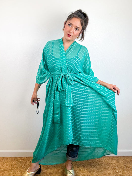 Print High Low Kimono Seafoam Dots Stripes Chiffon