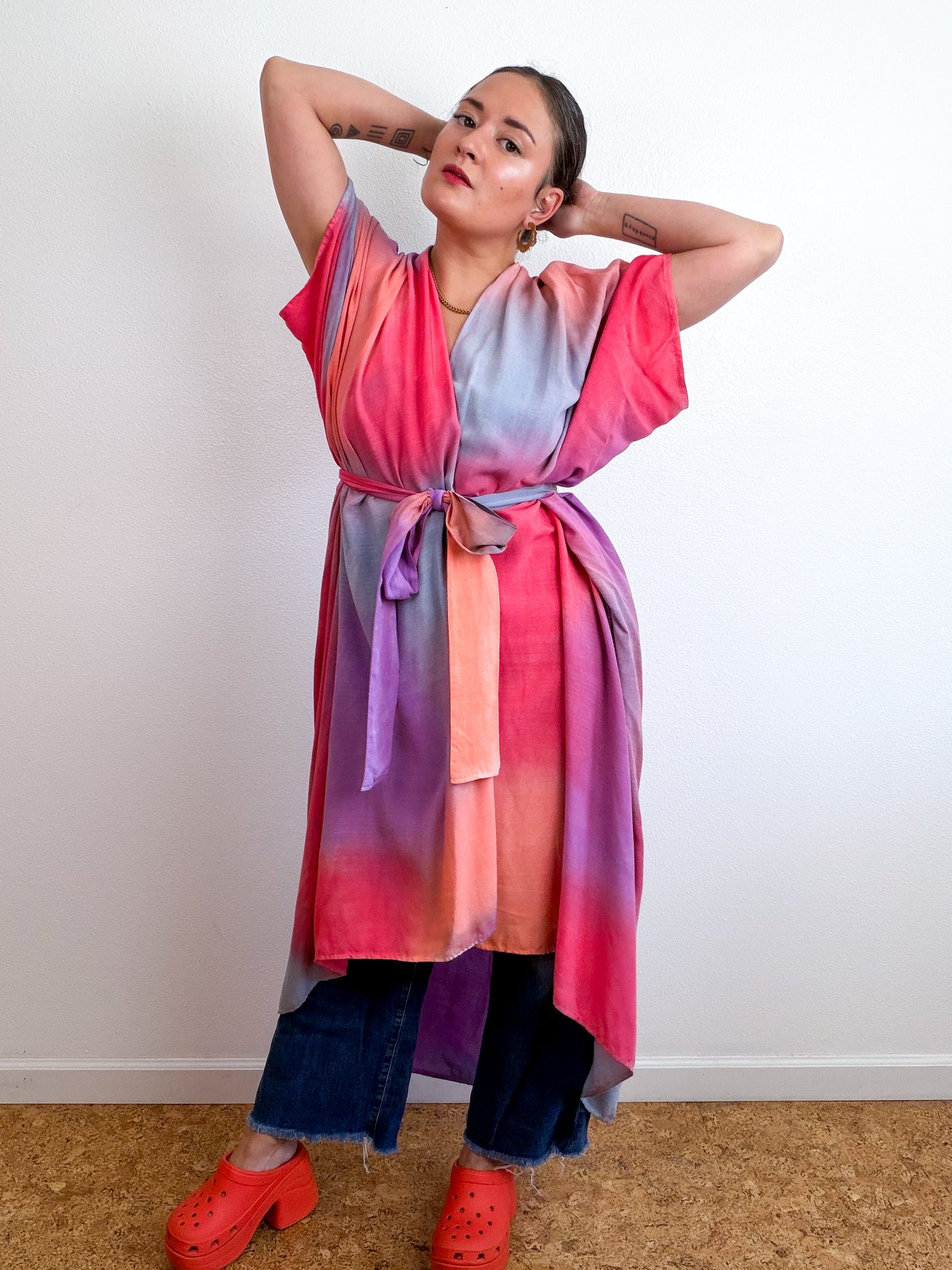 Hand-Dyed High Low Kimono Coral Orchid Scarlet Blue Aura