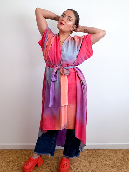 Hand-Dyed High Low Kimono Coral Orchid Scarlet Blue Aura