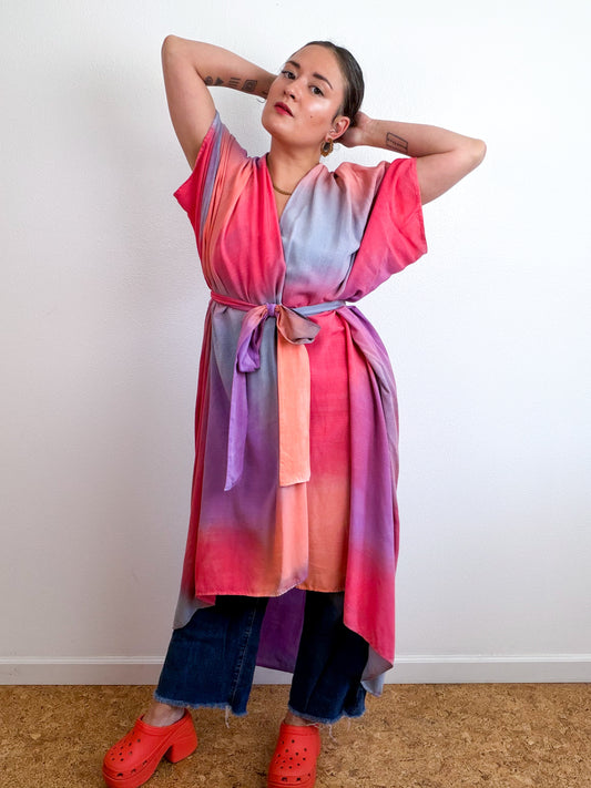 Hand-Dyed High Low Kimono Coral Orchid Scarlet Blue Aura
