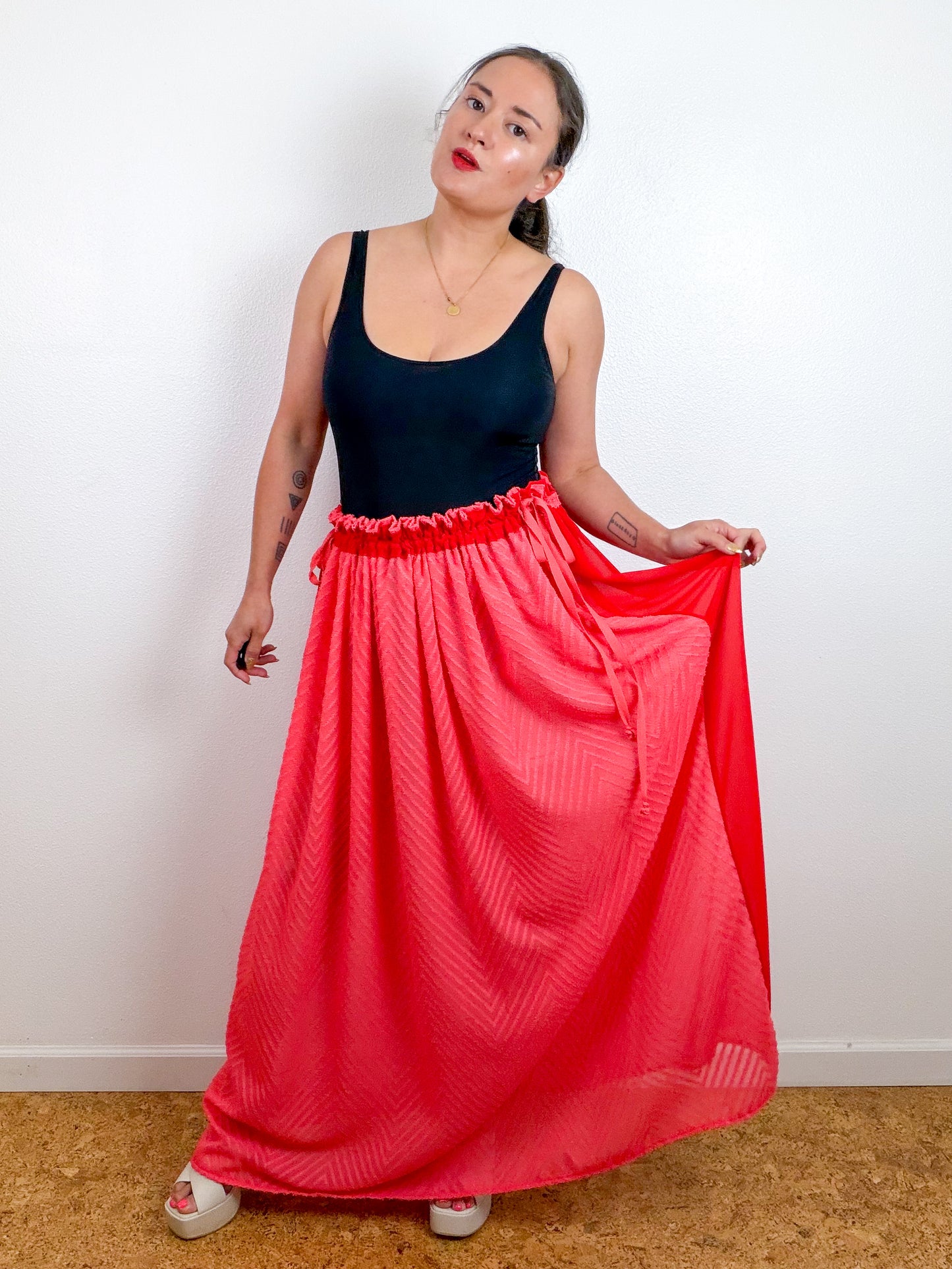 THE SKIRT Coral Chevron Scarlet Reversible Chiffon