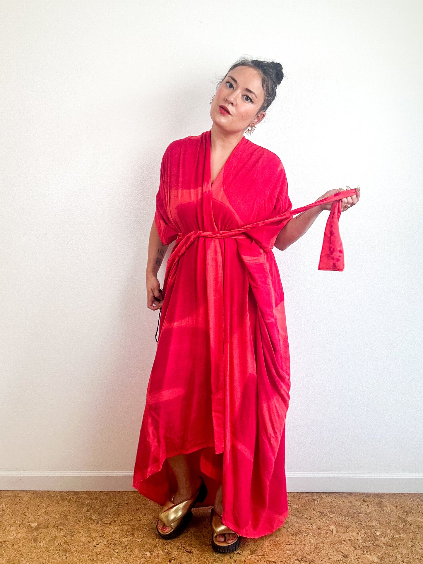 Hand-Dyed High Low Kimono Coral Fuchsia Arc