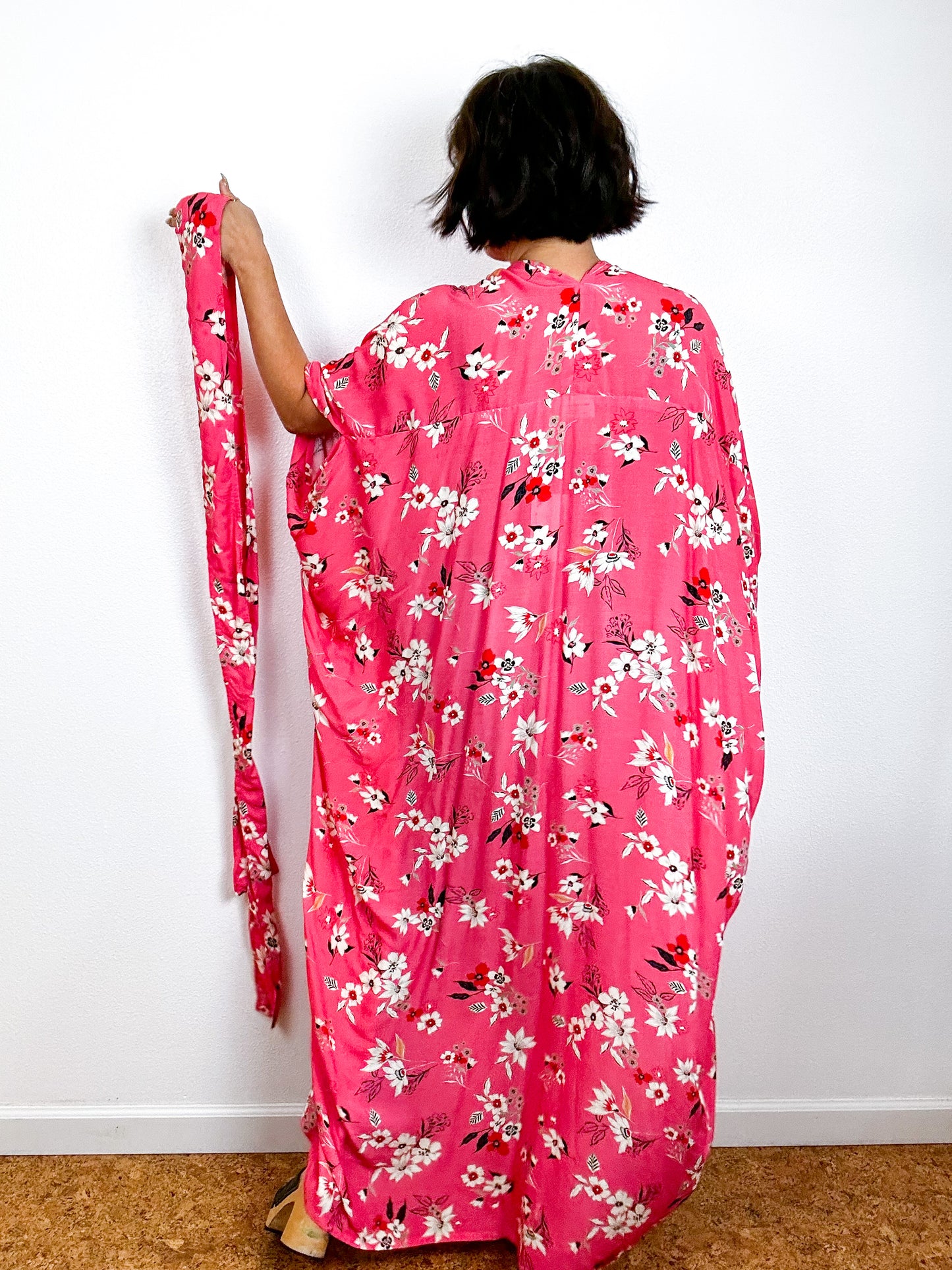 Print High Low Kimono Coral Floral Challis