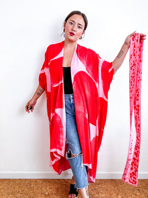Hand-Dyed High Low Kimono Pink Scarlet Arc