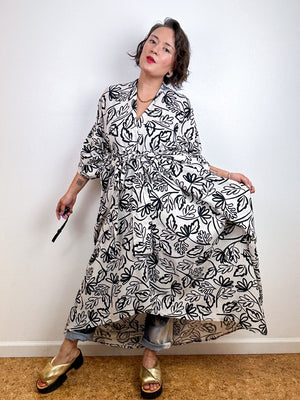 Print High Low Kimono Ivory Black Georgette