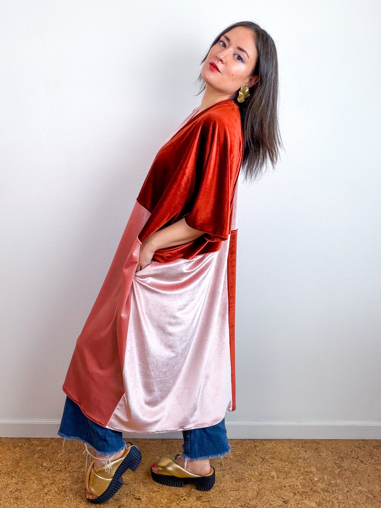 Velvet Caftan Dress Rust Blush Color Block
