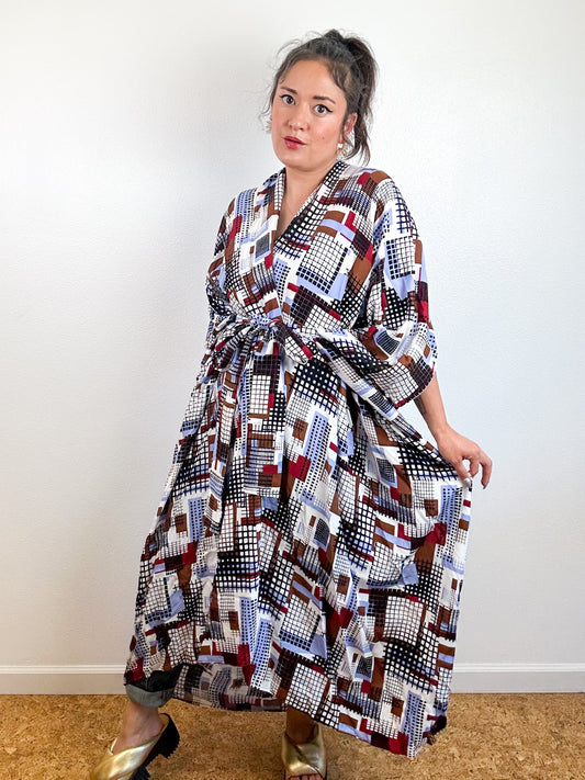 Print High Low Kimono Blue Maroon Grid Challis