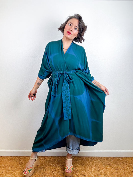 Hand-Dyed High Low Kimono Turquoise Green Arc