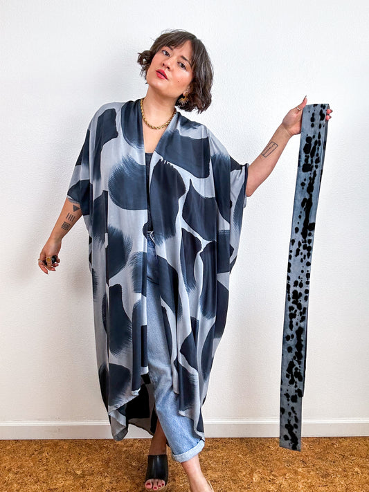 Hand-Dyed High Low Kimono Gray Black Brush