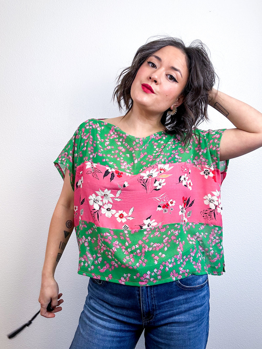 Scrappy Crop Green Pink Floral