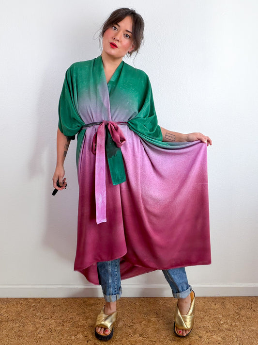 Hand-Dyed High Low Kimono Forest Peony Madrone Gradient