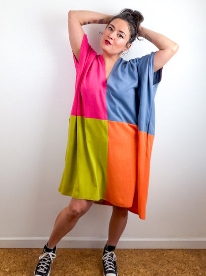 Linen Blend Caftan Dress Fuchsia Blue Chartreuse Orange Color Block