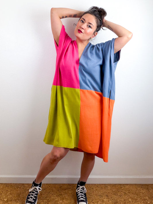 Linen Blend Caftan Dress Fuchsia Blue Chartreuse Orange Color Block