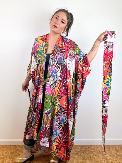 Print High Low Kimono Multicolor Tropical Challis