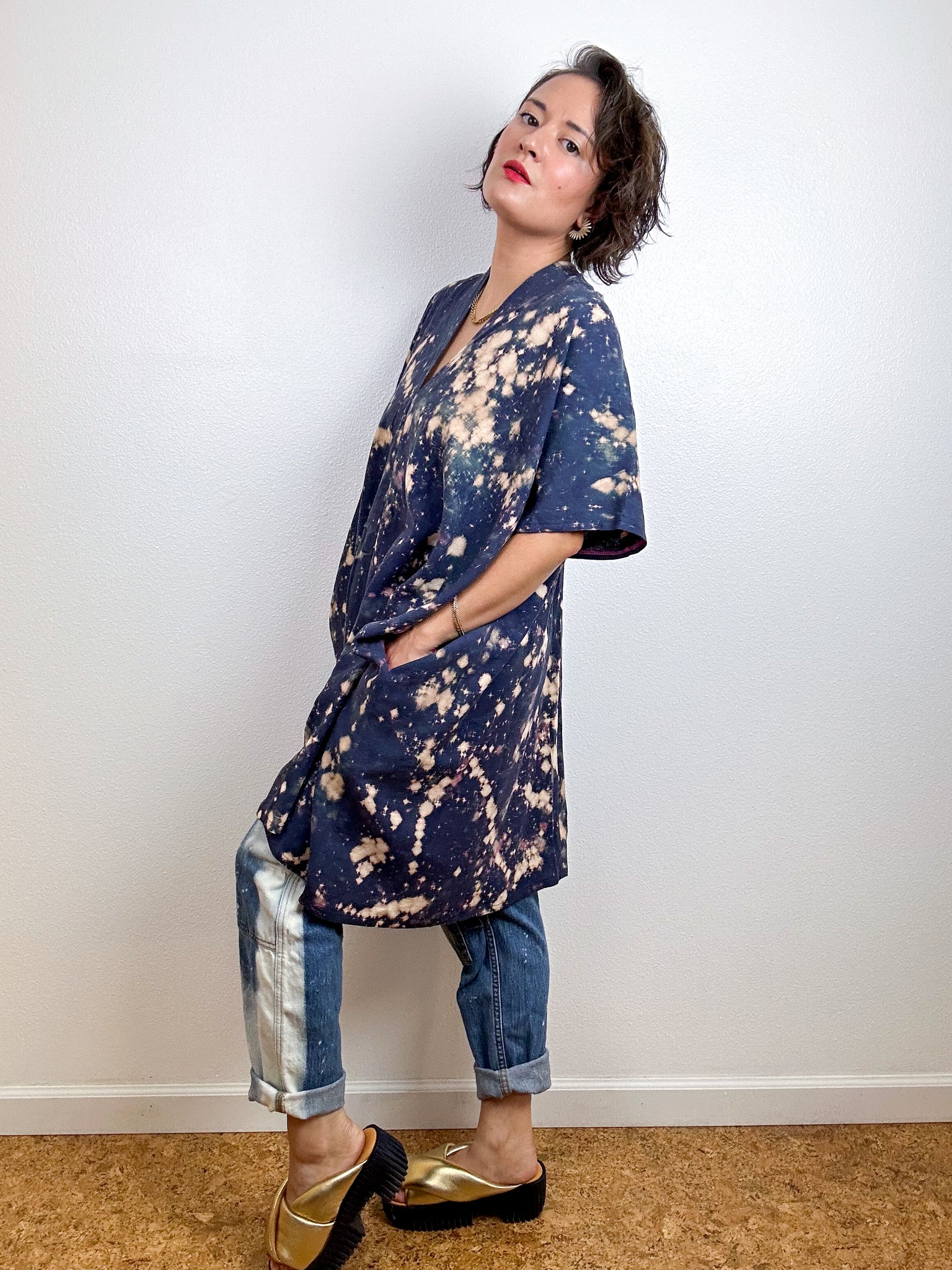 Oversized Hand-dyed Linen Blend Smock Dress Indigo Bleach Speckle