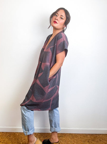 Hand-Dyed Mini Sweatshirt Smock Dress Mauve Brushtrokes