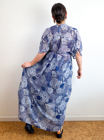 Print High Low Kimono Navy Floral Chiffon