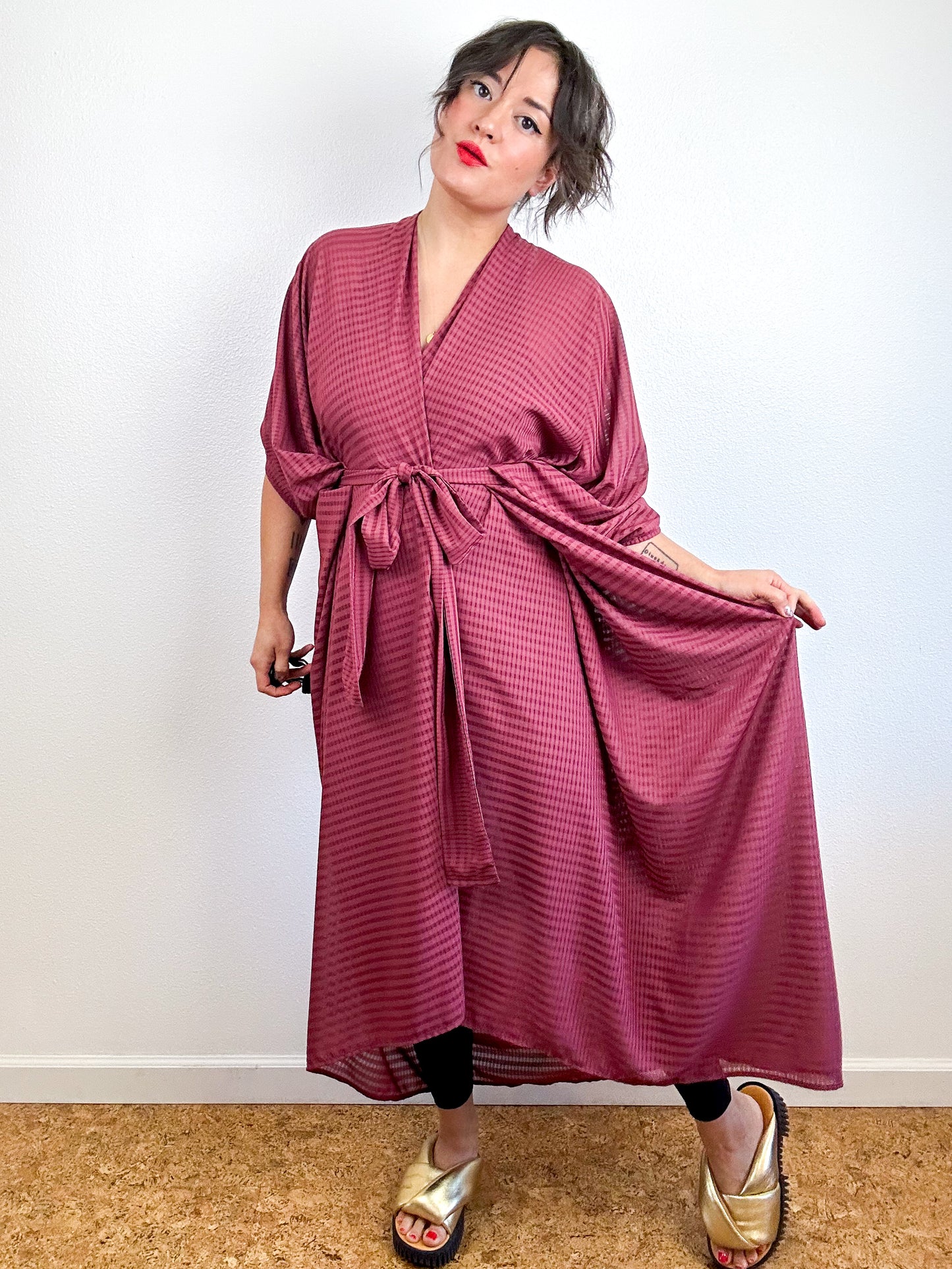 Print High Low Kimono Maroon Gingham Chiffon
