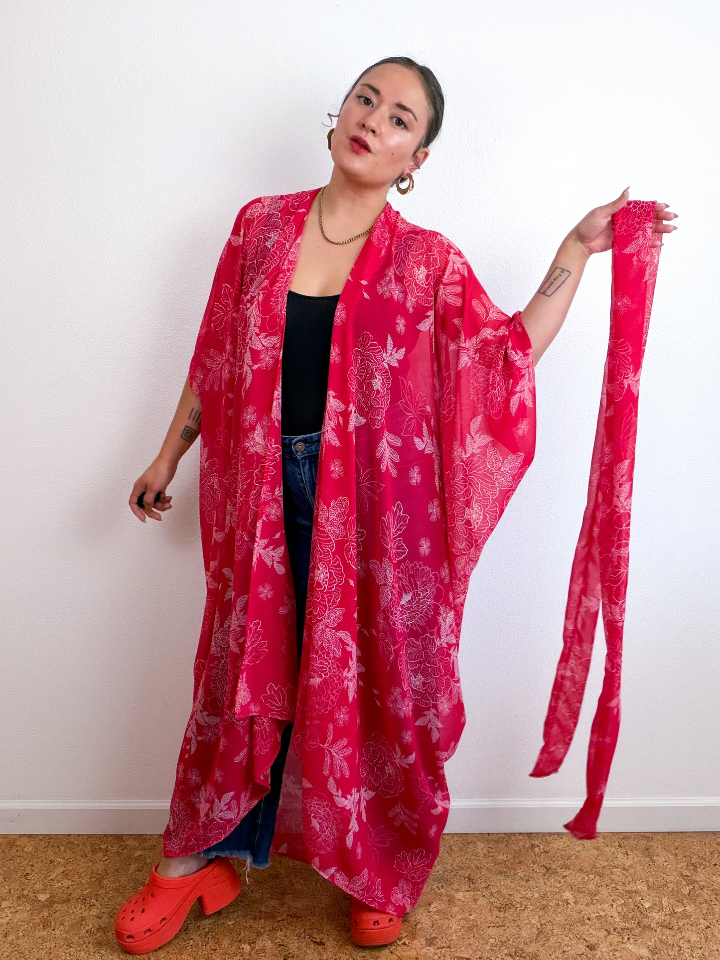 Print High Low Kimono Red Peony Chiffon