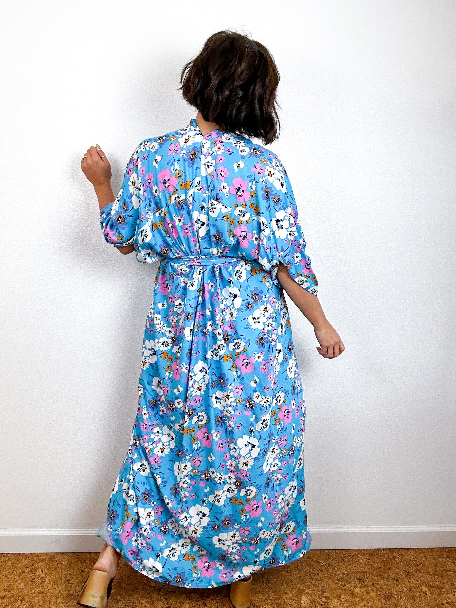 Print High Low Kimono Turquoise Floral Challis