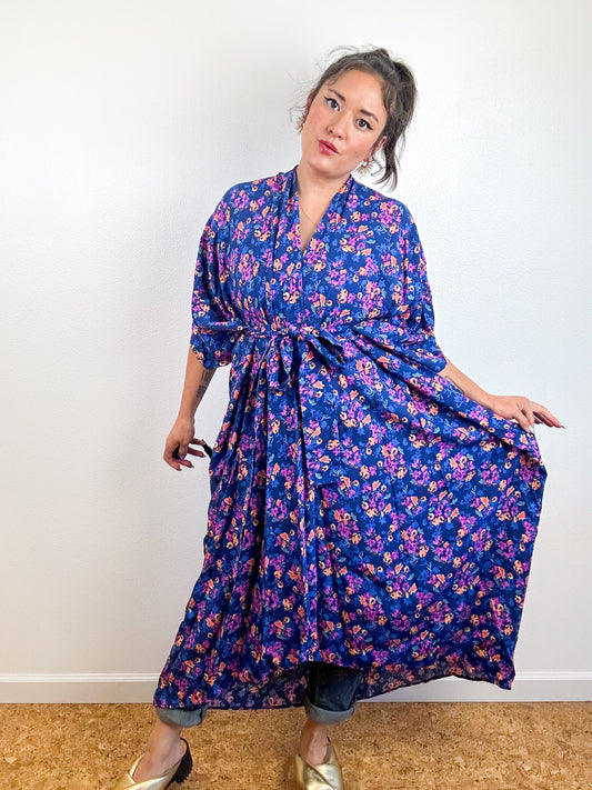 Print High Low Kimono Blue Magenta Floral Challis