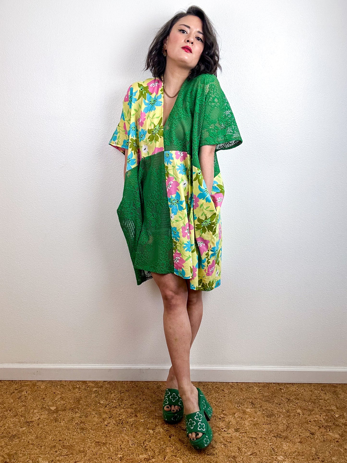 Color Block Mini Caftan Dress Green Lace Yellow Floral
