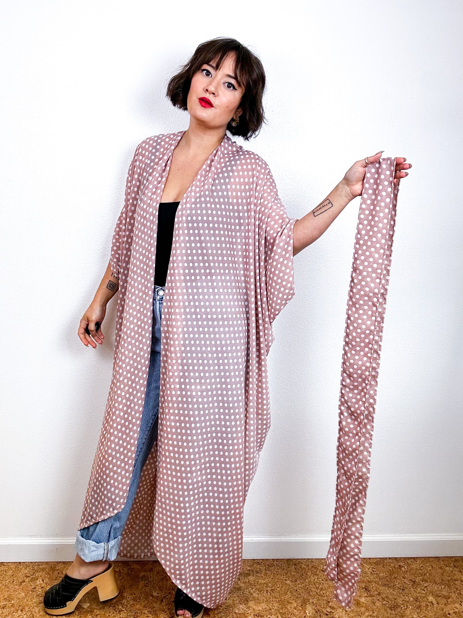 Print High Low Kimono Blush Dots Chiffon