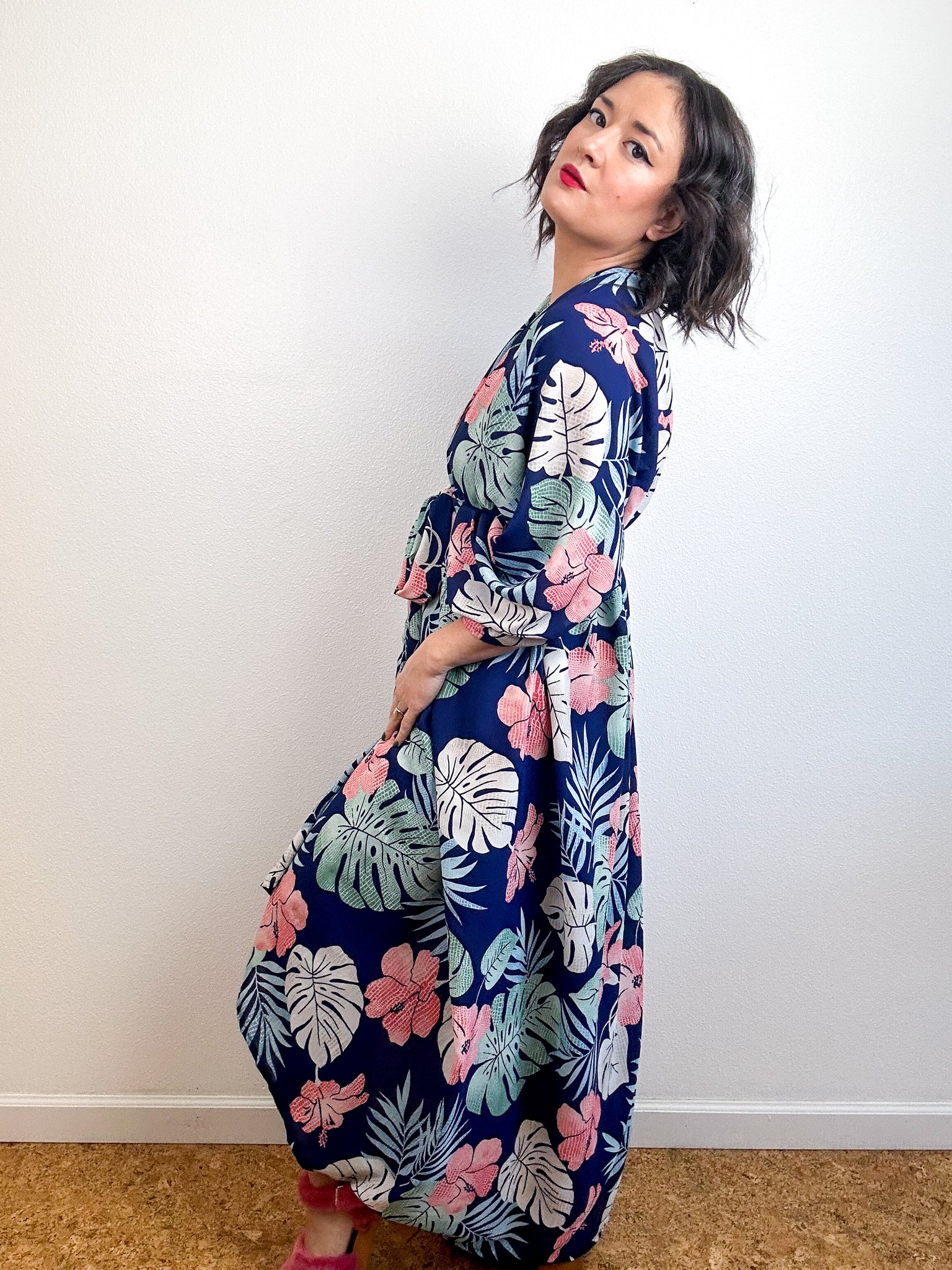 Print High Low Kimono Navy Tropical Georgette