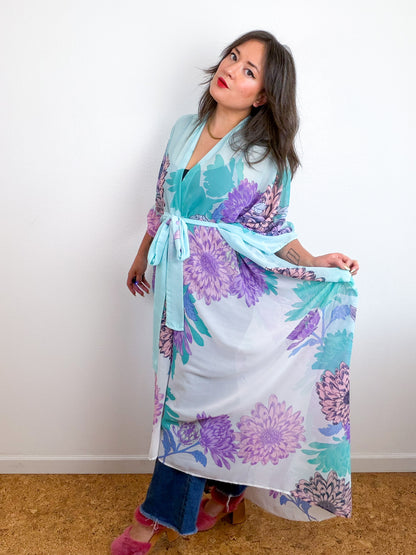Print High Low Kimono Aqua Lavender Dhalia Chiffon