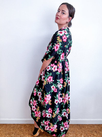Print High Low Kimono Black Hibiscus Challis