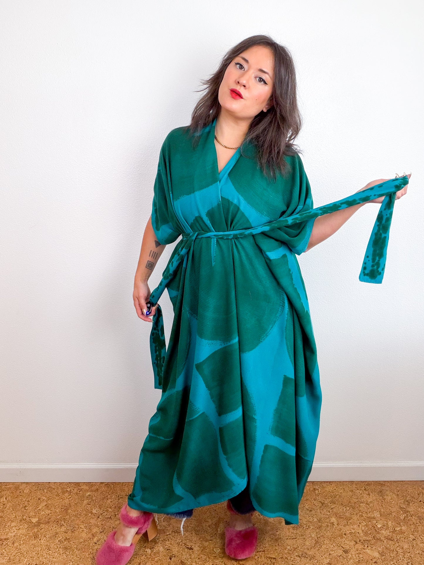 Hand-Dyed High Low Kimono Turquoise Forest Arc