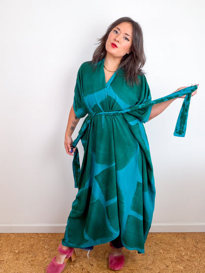 Hand-Dyed High Low Kimono Turquoise Forest Arc