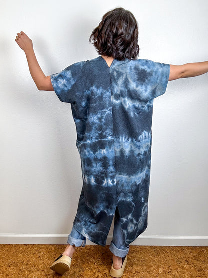 Hand-Dyed Midi Sweatshirt Smock Dress Blue Black Tie