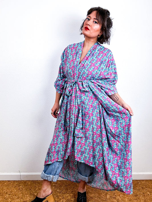 Print High Low Kimono Pink Turquoise Challis