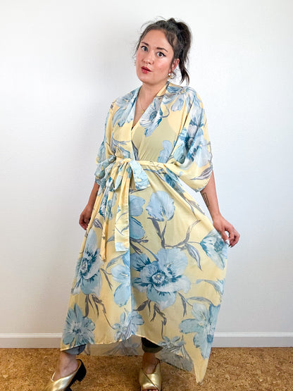 Print High Low Kimono Butter Yellow Floral Chiffon