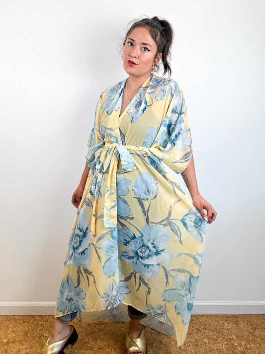 Print High Low Kimono Butter Yellow Floral Chiffon