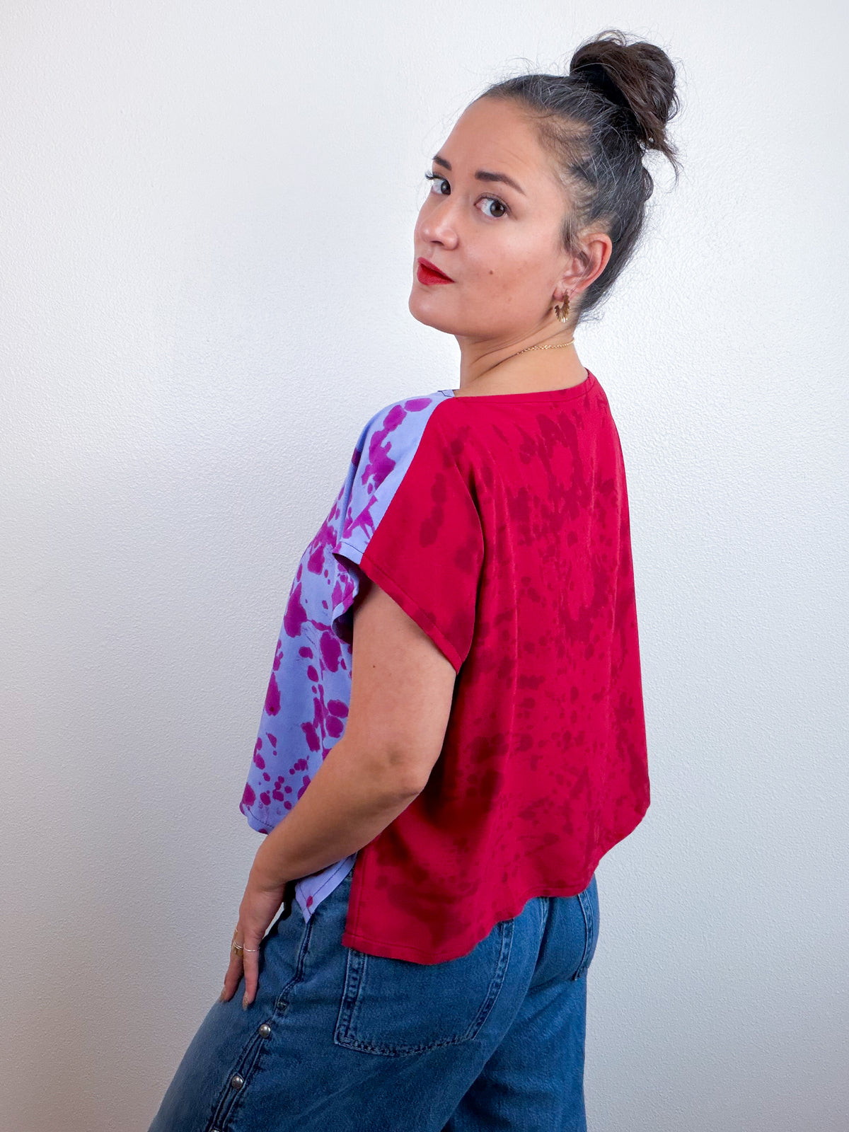 Hand-Dyed Bamboo Flip Crop Crimson Lavender Speckle