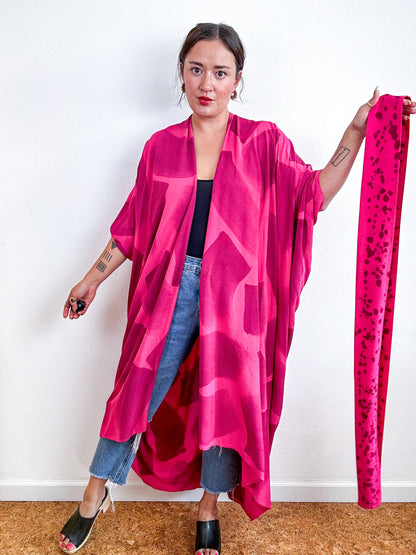 Hand-Dyed High Low Kimono Fuchsia Maroon Brush