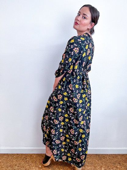 Print High Low Kimono Black Floral Vine Challis