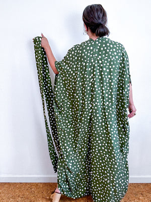 Print High Low Kimono Olive Ivory Dots Challis