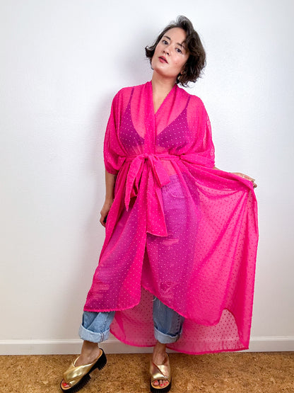 Solid High Low Kimono Fuchsia Swiss Dot Chiffon