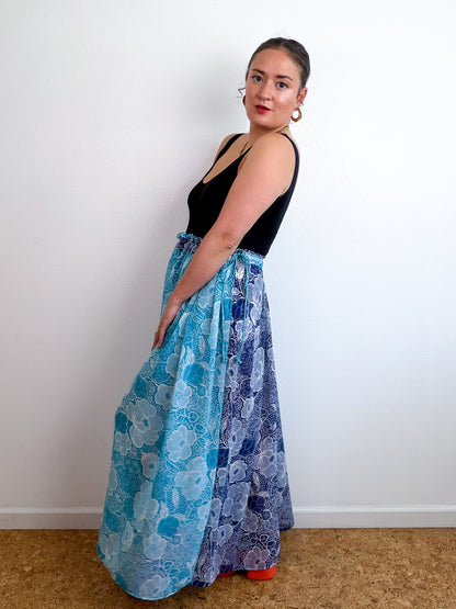 THE SKIRT Navy Aqua Floral Reversible Chiffon