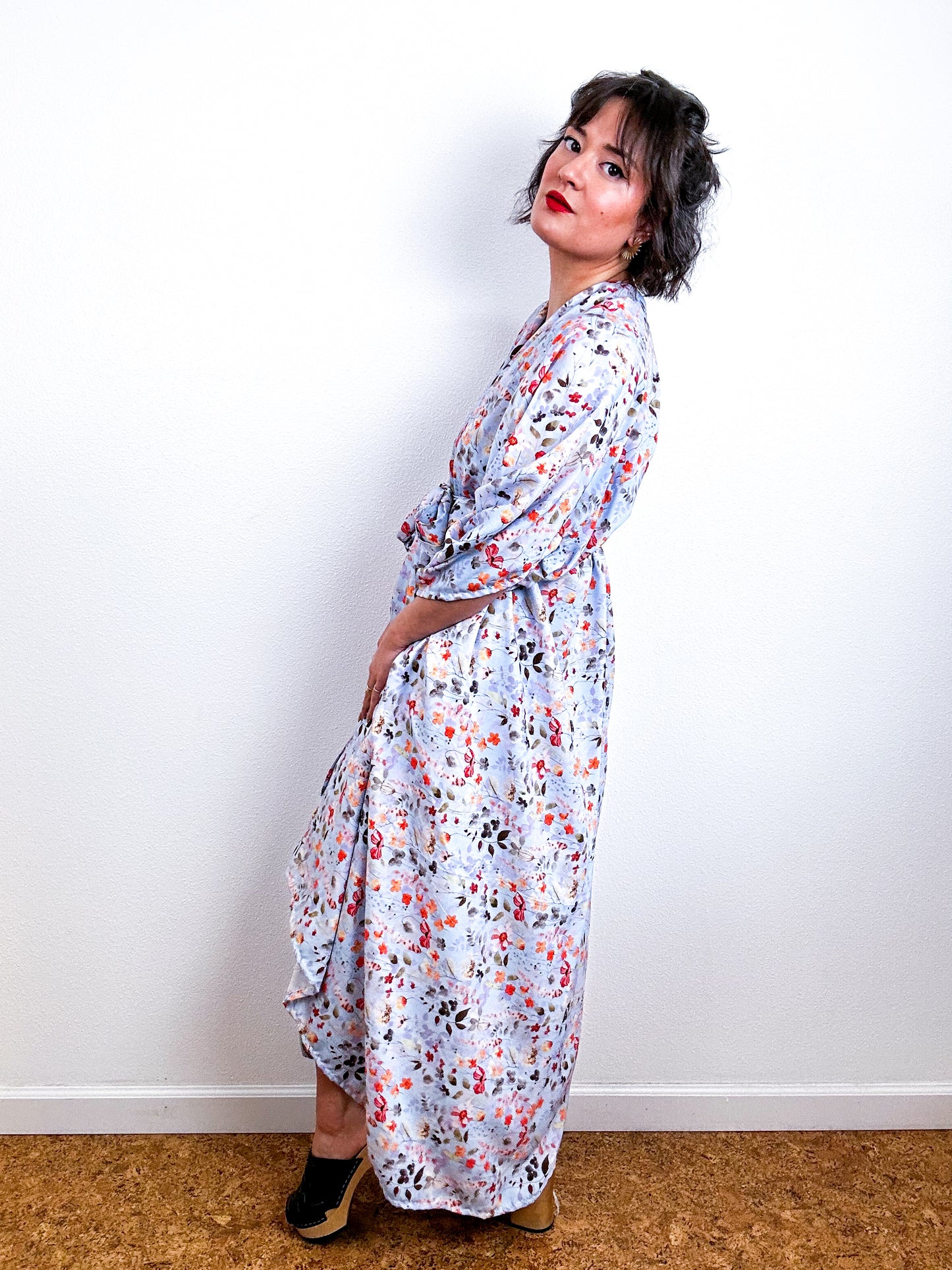 Print High Low Kimono Blue Botanical Challis