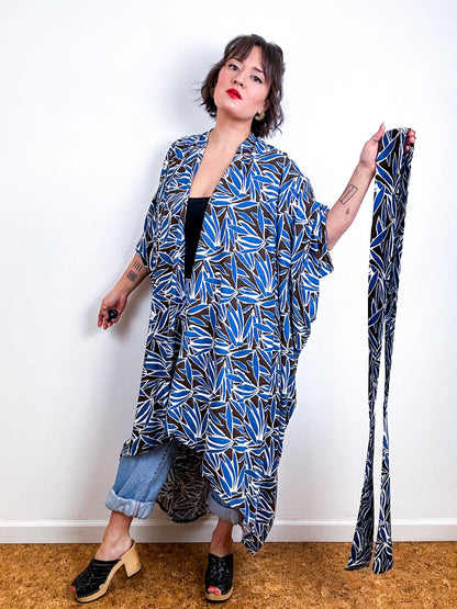 Print High Low Kimono Brown Blue Bamboo Challis