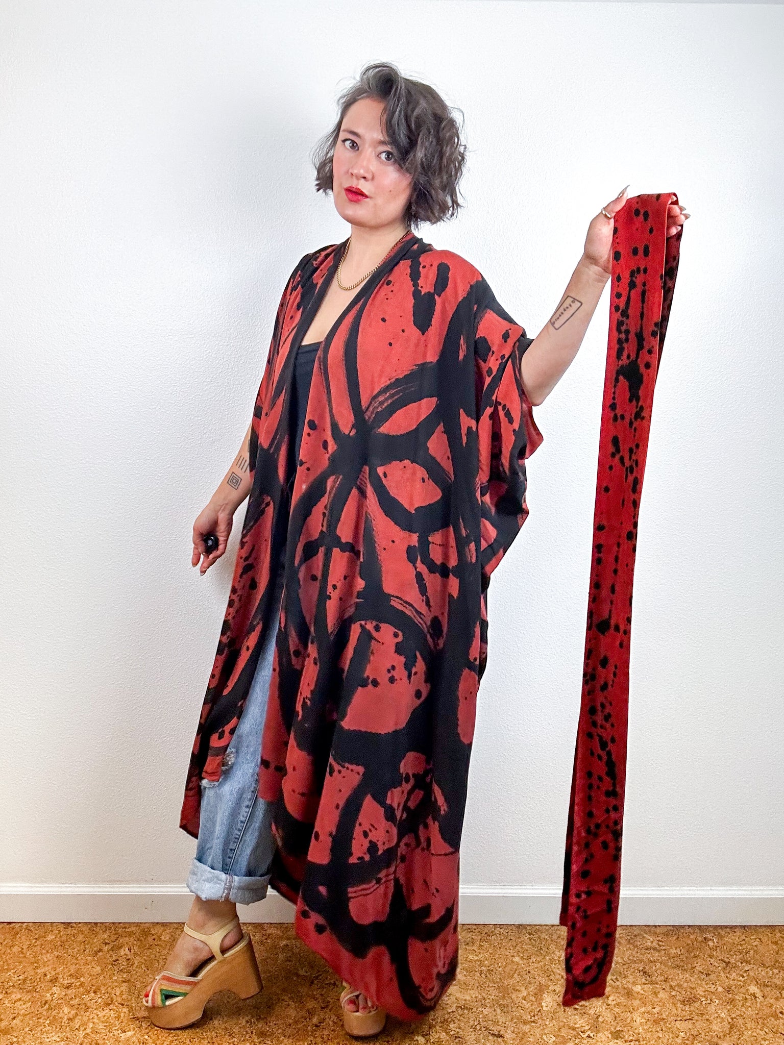 Hand-Dyed High Low Kimono Rust Black Sumi