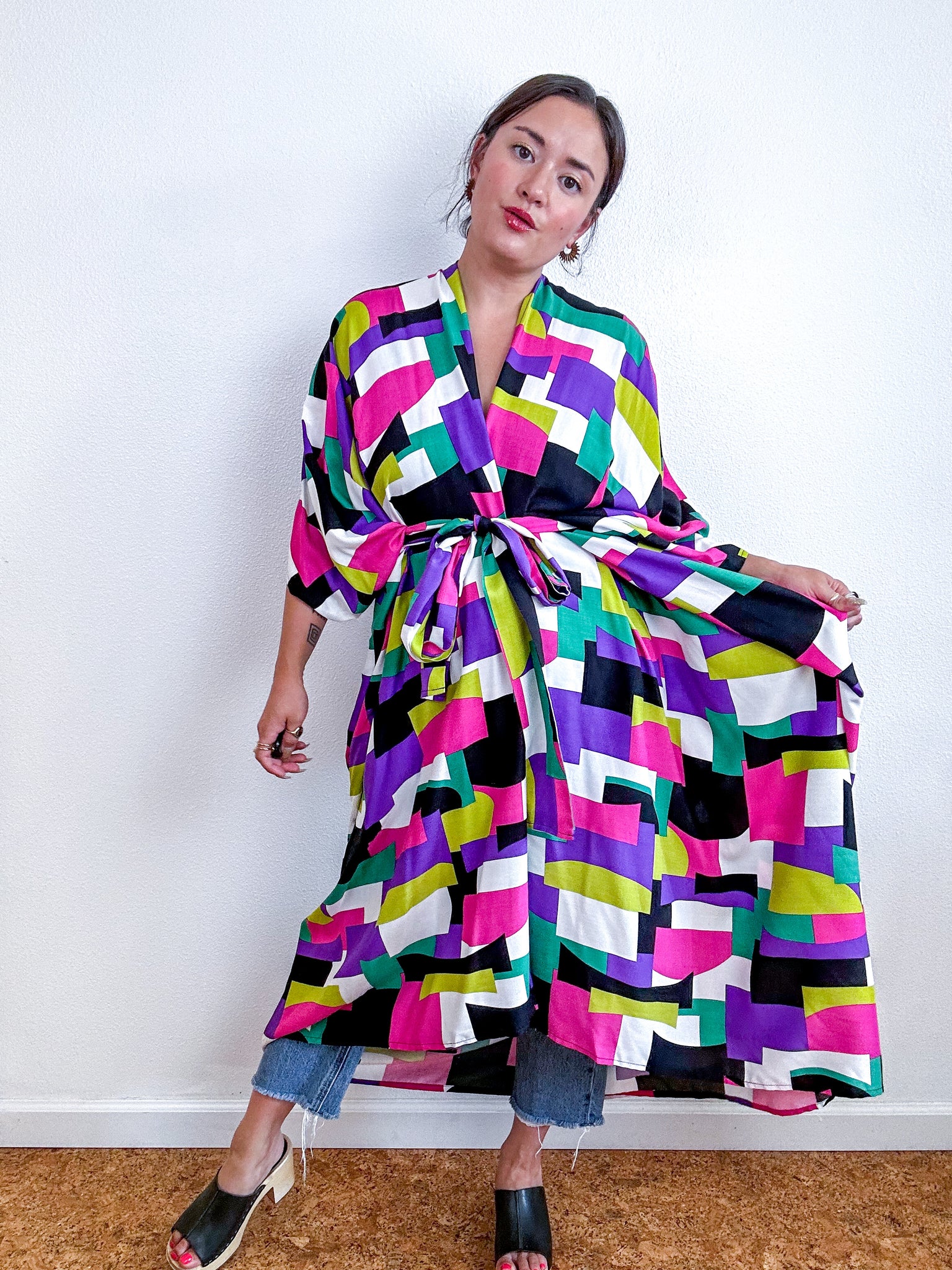 Print High Low Kimono Multi Color Block Challis
