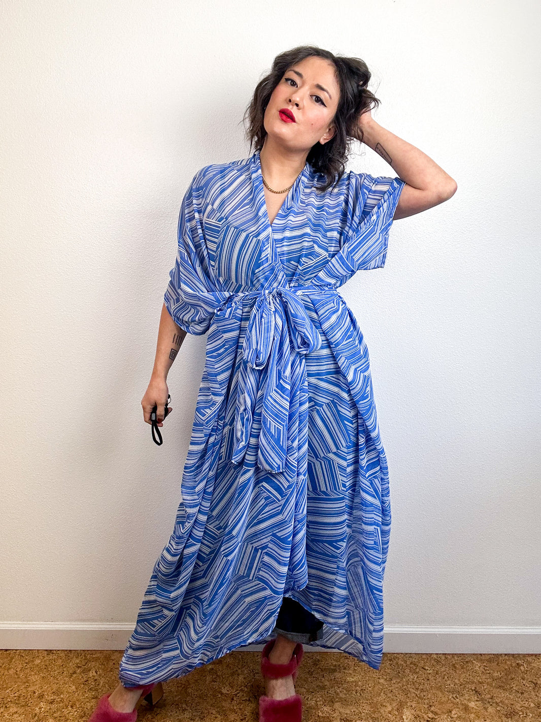 Blue Trim Print Kimono