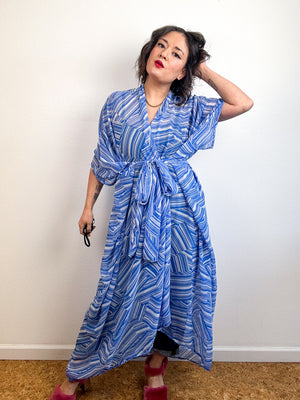 Print High Low Kimono Blue Lines Chiffon