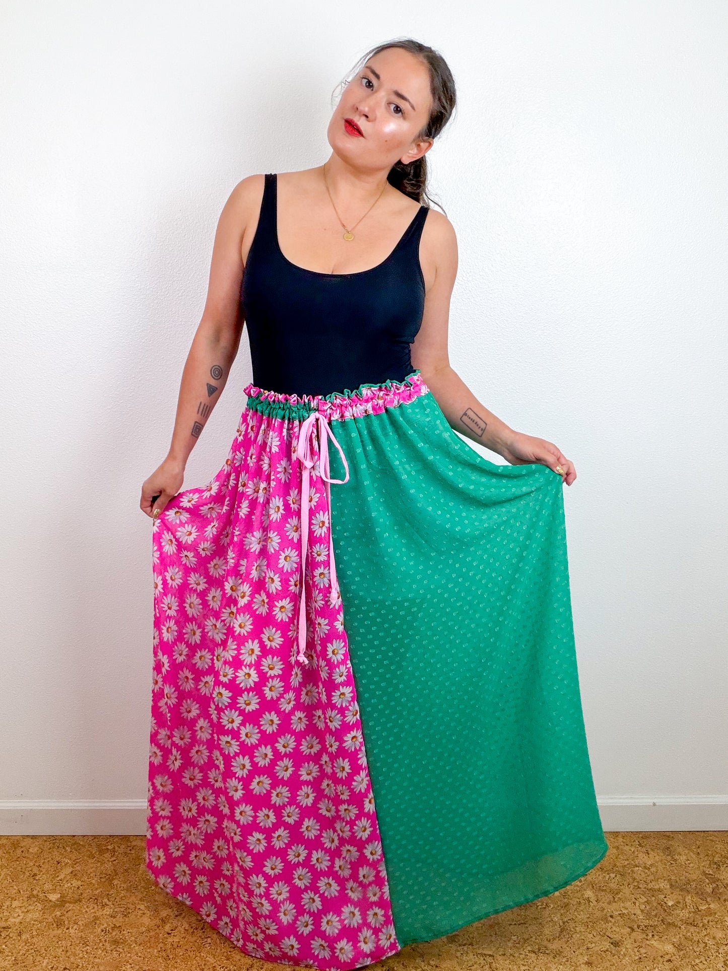THE SKIRT Light Pink Daisy Green Swiss Dot Reversible Chiffon